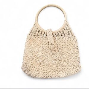 Woven Macramé Circle-Handle Bag in Cream